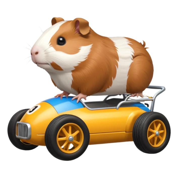 Special air-cooled three-cylinder race car whose frame and suspension is made of shopping cart material with a large rear-mounted gas tank, and rear spoiler, is being tested by a small Guinea pig sticker