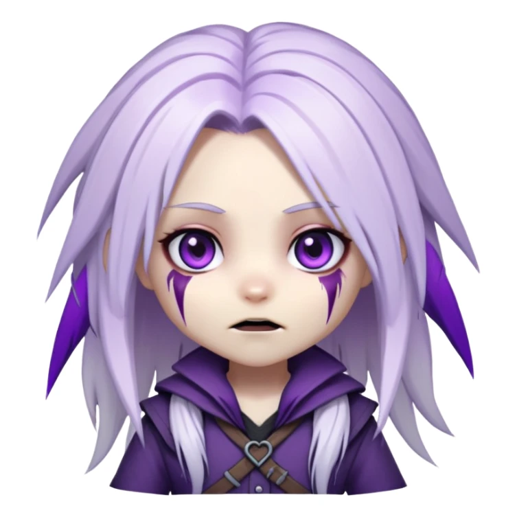 Chibi Sable Ward from Dead by Daylight with long white hair with purple streaks and fully purple eyes, detailed and expressive, cute exaggerated style with large expressive eyes and clear emotion sticker