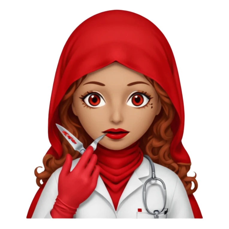 Lilith scalpel in hand, evil surgeon sexy surgeon clothes.  She has red eyes. She brown long curly hair. Wears sexy doctor outfit with red gloves. Covers mouth neck and nose with red burka to hide her identity sticker