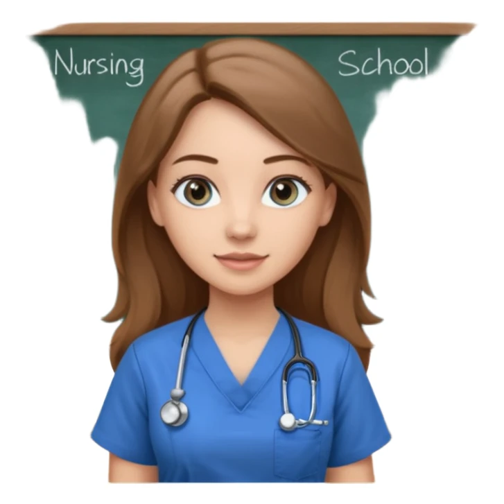 university classroom that says nursing school on the blackboard with a pretty female nursing student with long brown hair, blue eyes sticker