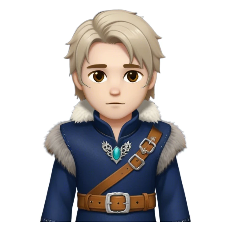 Medieval winter outfit worn by a DnD themed fantasy male character. Midnight blue felted wool tunic with silver fox fur collar, embellished with ornate metal clasps and a thick leather belt with decorative stitching. Clothes only above the waist, full waist coverage. The character has no arms. Character is white-skinned with honey brown hair, amber eyes, and shoulder-length straight hair with winter-weathered ends. sticker