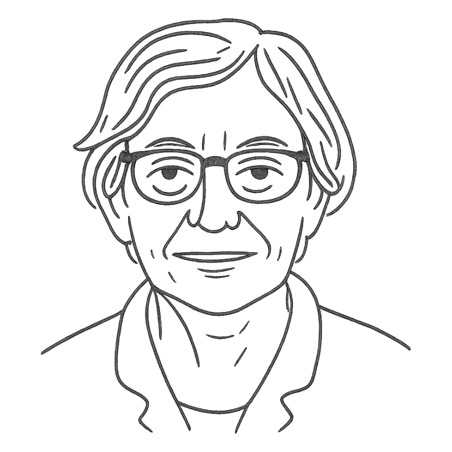 a hand drawn black outline portrait of philosopher Catherine Larrère with similar-sized eyes based a famous portrait of her sticker