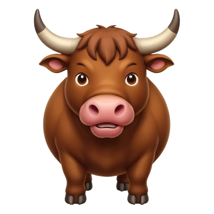 An adorable full-body 3d brown bull with large and exaggerated features in the shape of a ball. Make the background white sticker