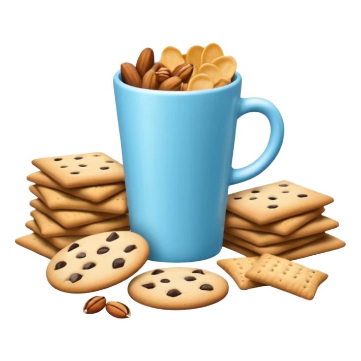 3D minimal icon with a variety of snacks (chips, cookies, crackers, nuts) arranged abundantly, plus a small neutral cup (not a soda cup). Include a subtle accent in #FF3D00. Clean and modern style. sticker