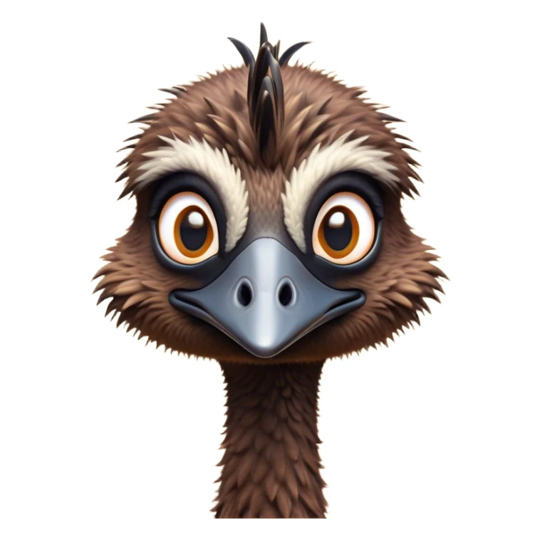 Cinematic Cute Emu Portrait Emoji, Head tilted playfully and inquisitively, featuring a glossy, textured brown plumage with a perky head and round, sparkling eyes full of curious wonder, Simplified yet irresistibly adorable features, highly detailed, glowing with a warm, friendly glow, high shine, affectionate and lively, stylized with a touch of outback whimsy, bright and endearing, soft glowing outline, capturing the essence of a mischievous yet loving emu, so playful it feels like it could gallop out of the screen into your arms! sticker