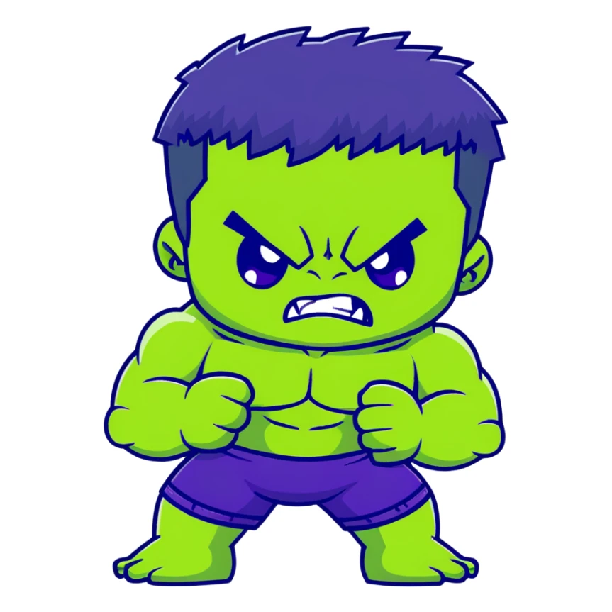 Chibi Hulk, cute small proportions, big head, tiny body, adorable angry expression, green skin, purple shorts sticker