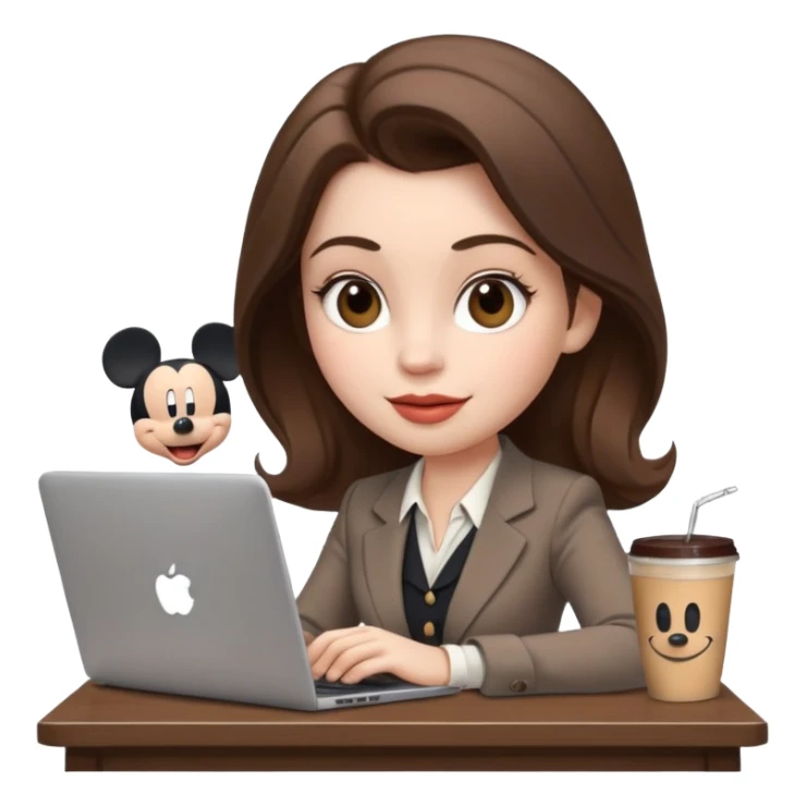 Women in front of one laptop that has a Mickey sticker on it, with a happy face, face fuller, lips plump, full eyebrows, dirty brown hair, light brown big eyes, light pale skin with a iced coffee on the side, business attire, who is typing sticker