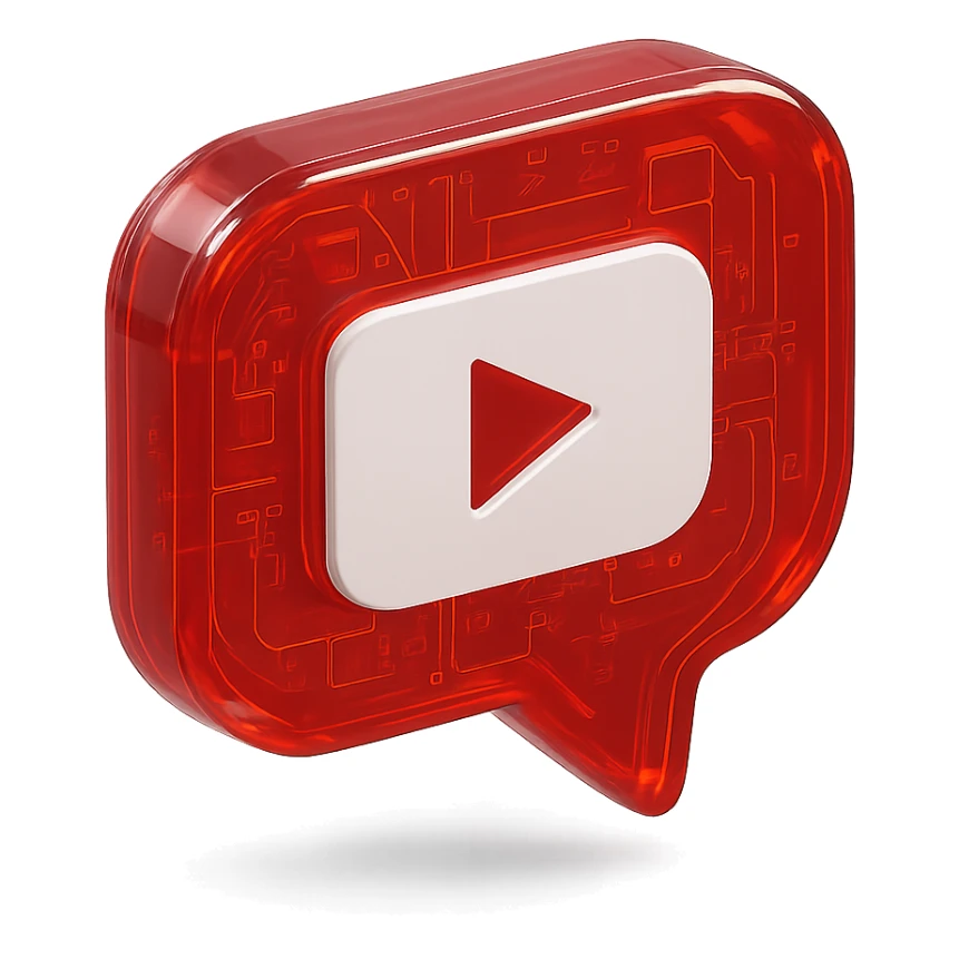 red speech bubble with inside a big red YouTube white play button, very glossy circuit style sticker