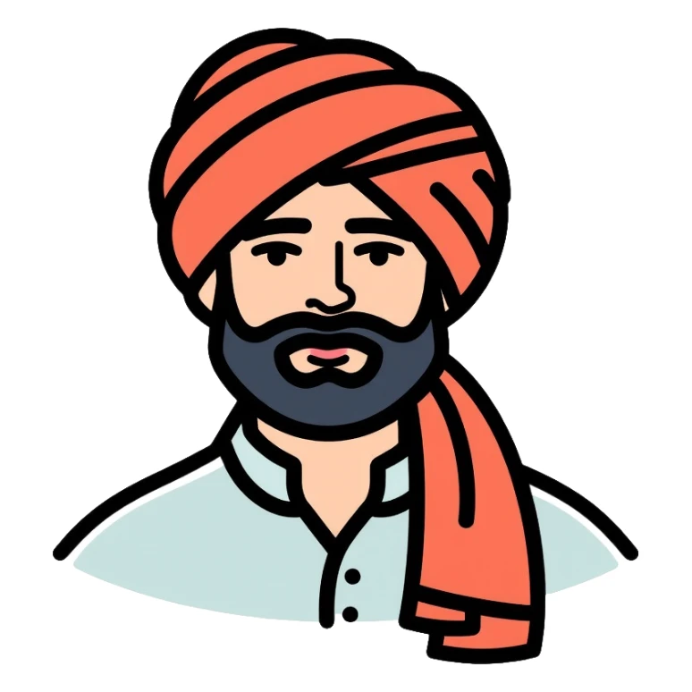 A friendly man with a beard and traditional South Asian appearance sticker