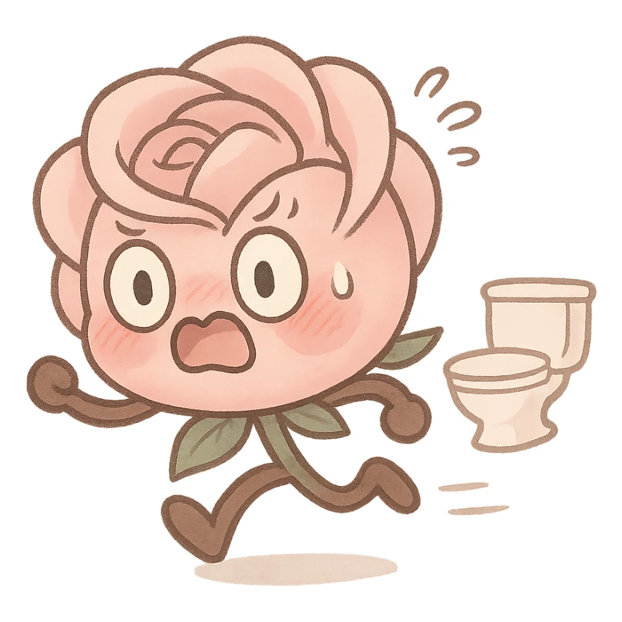 soft pink rose flower with puffed cheeks making a panicked toilet run, eyes bulging, legs dashing, pastel tones, chibi round shape sticker