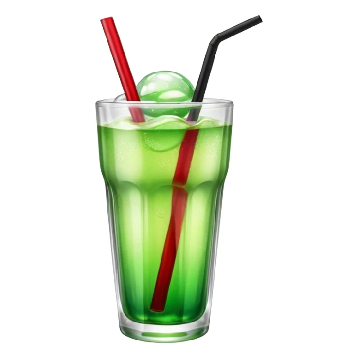 Create an emoji with a clear rounded glass, bright transparent green soda with fine bubbles, a smooth vanilla scoop, a glossy red cherry, and a black straw, using vibrant colors, soft shading, and clear glass highlights.
 sticker