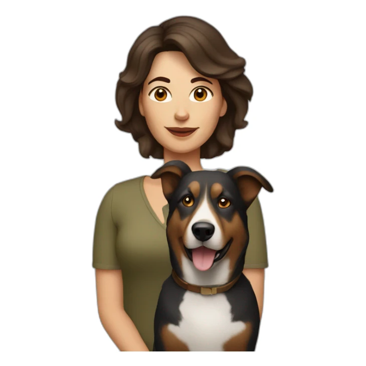 middle aged brunette woman with medium hair and shepard dog sticker