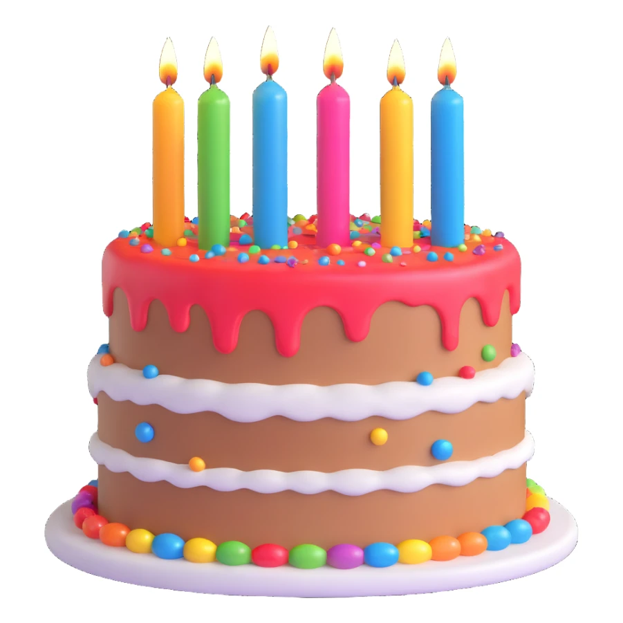 animated birthday cake, 3D style, glossy icing, colorful candles, sparkles sticker
