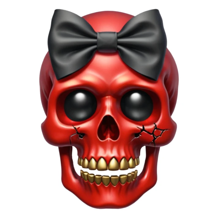 make me a red crystal skull partly see thew super gem like make it realistic and held together by a big black bow super realistic skull cracking all over the eyes are black gems with a hint of gold in the center sticker
