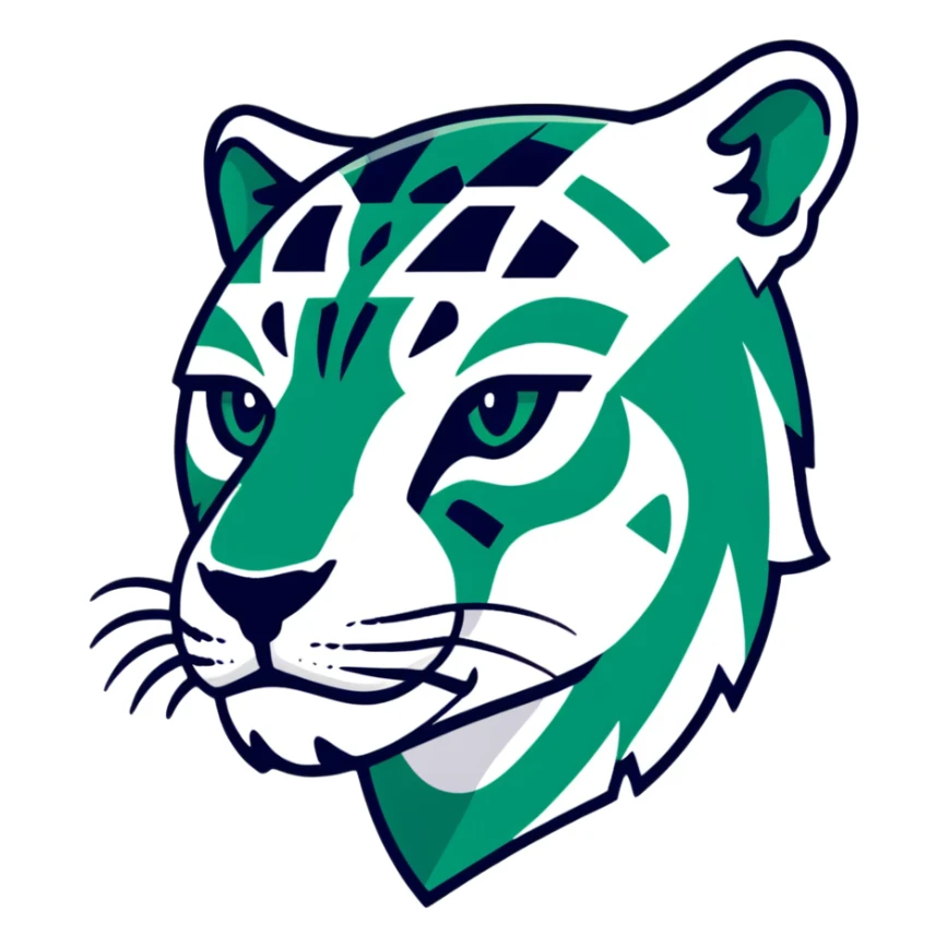 Ancient Egyptian style profile of jaguar with strict geometric lines, flat hieroglyphic style, only white and deep dark green, no curved lines, angular shapes only sticker