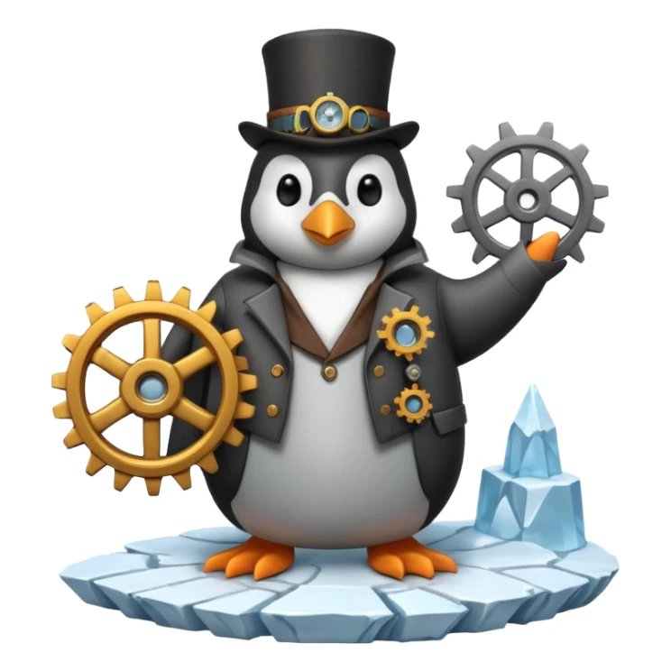 a steampunk engineer penguin fixing a complex gears system on top of an iceberg sticker