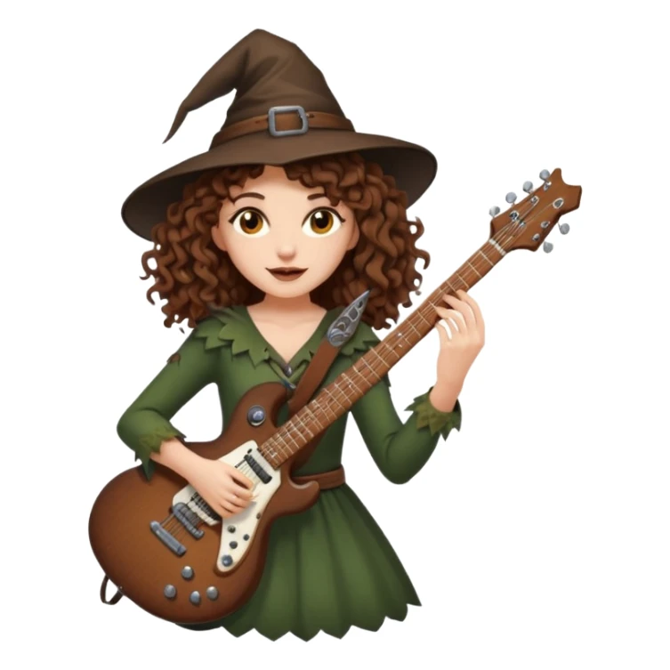 Brown eyes, brown hair curly forest witch playing electric guitar sticker