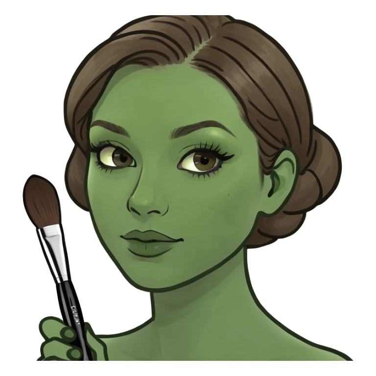 Aesthetician with brown hair, holding a makeup brush sticker
