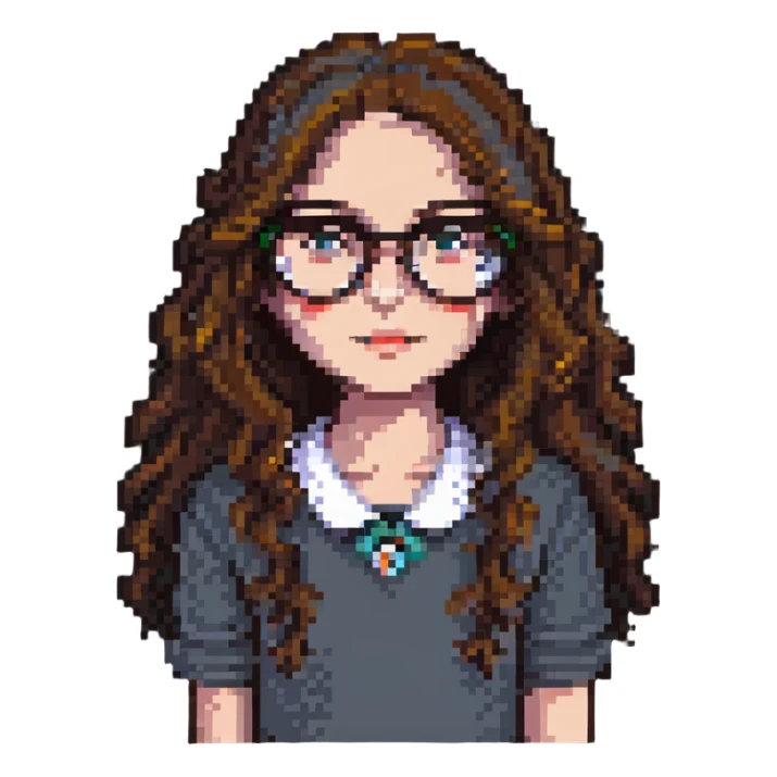 girl with long wavy brown hair wearing glasses pixel art sticker