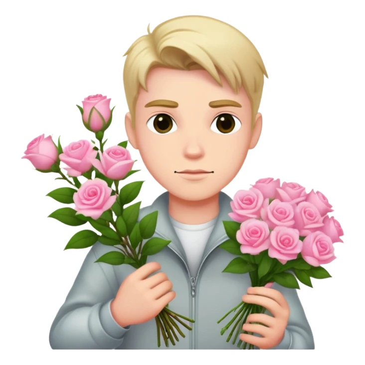 A cool bad boy with fair skin holding a bouquet of pink jasmine roses sticker