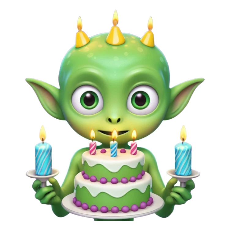A cute friendly alien holding a birthday cake with candles, big expressive eyes, bright colors, cartoon style, playful atmosphere, 3D animated look, Pixar-inspired, highly detailed
 sticker