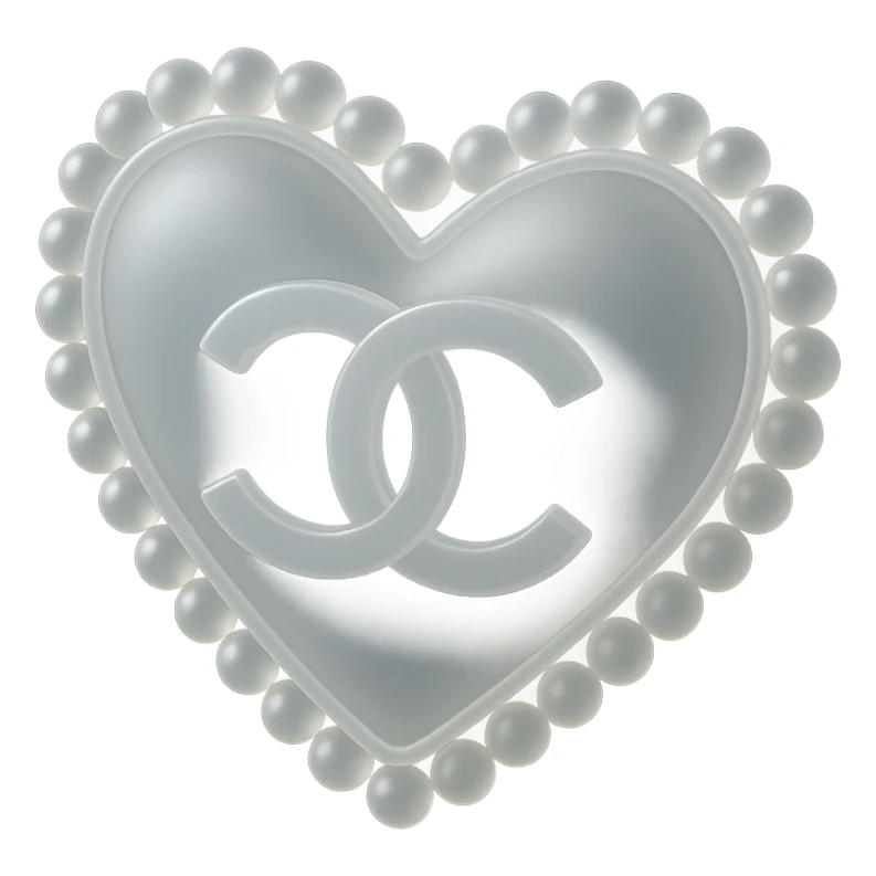 Keep the Chanel-inspired heart in metallic silver with a pearl border and interlocking C's, elegant and classic, with no background. sticker
