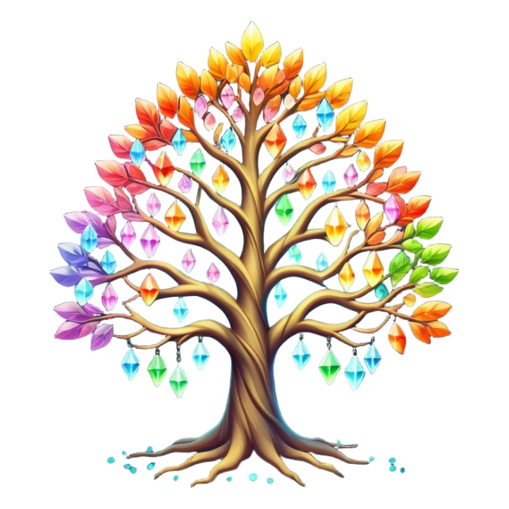 Spiritual magical ethereal colorful tree with crystals hanging in it sticker