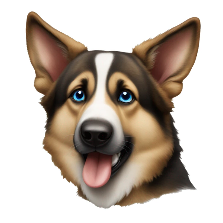 brown and white German shepherd, with blue eyes, has a panda teddy in its mouth sticker