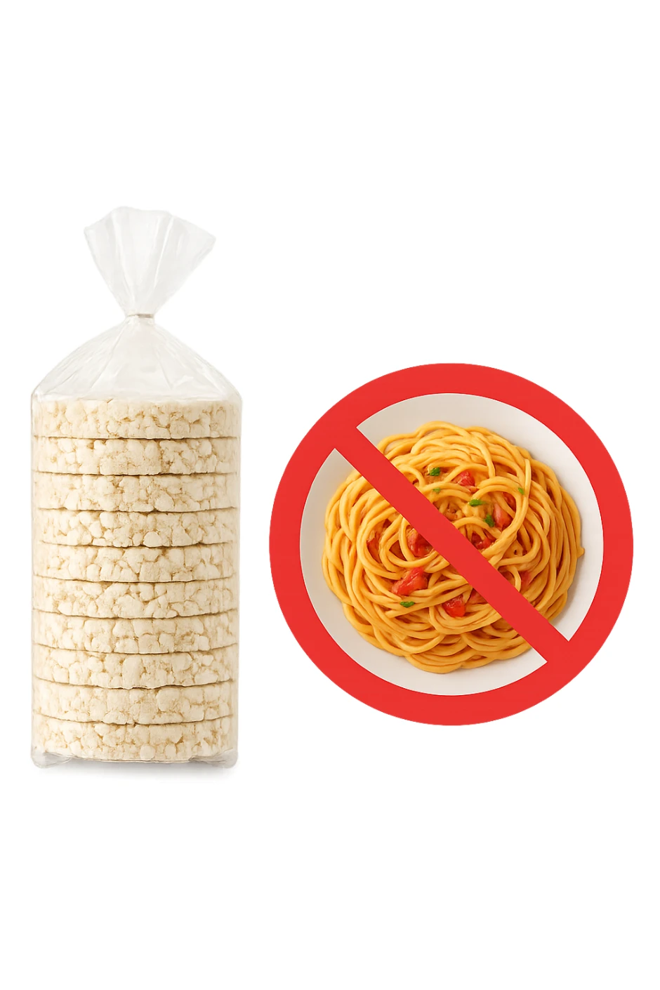 confezione di gallette di riso con accanto un piatto di pasta con divieto sopra, in italiano,  realistici sticker