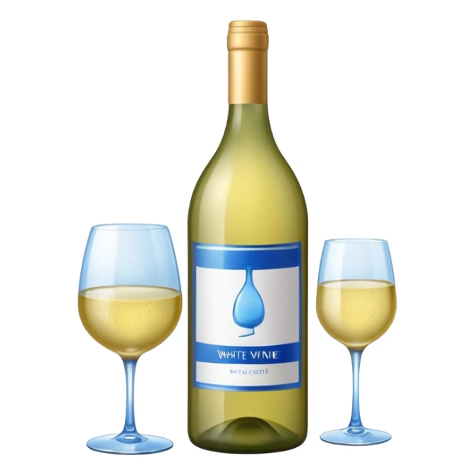 a bottle of white wine with a blue label sticker