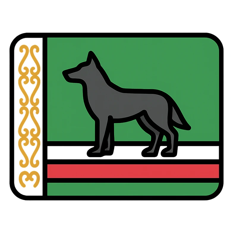 Chechnya flag with green background, white and red stripes at the bottom, white vertical stripe with gold pattern on the hoist, wolf silhouette overlay, vector style sticker