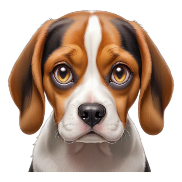 Cinematic Grumpy Tri-Color Beagle Portrait Emoji, Head tilted slightly with a deeply unimpressed expression, featuring a thick tri-color coat of white, brown, and black, large, droopy hazel eyes narrowed into an unamused glare, floppy ears slightly drooping in exasperation, Simplified yet comically expressive features, highly detailed, glowing with a dry, sarcastic glow, high shine, effortlessly judgmental yet dignified, stylized with a touch of cynicism, bright but brooding, soft glowing outline, capturing the essence of an eternally unimpressed yet endearing companion, so lifelike it feels like it could sigh heavily at you in disdain at any moment! sticker