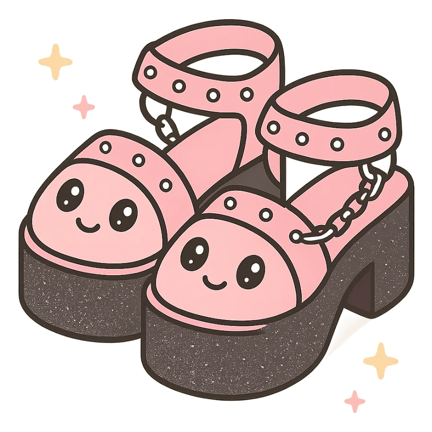 Add a subtle glitter effect to the black-to-pastel pink gradient platform sandals with silver studs and chains, kawaii style, no socks, no hearts, transparent background sticker