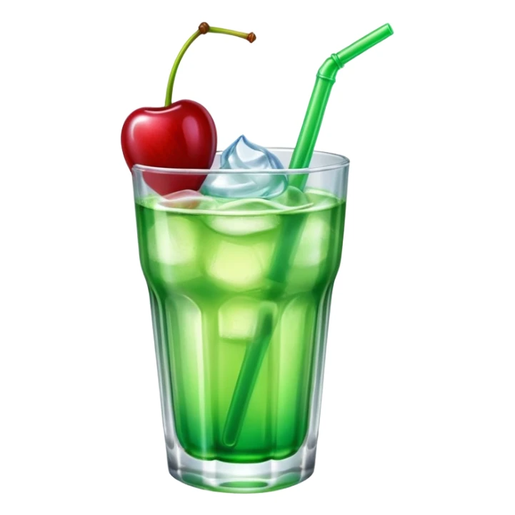 Create an emoji with a very clear rounded glass and ice, bright transparent green soda , a smooth vanilla scoop circle shape, a glossy red cherry, using vibrant colors, soft shading, and clear glass highlights.
 sticker