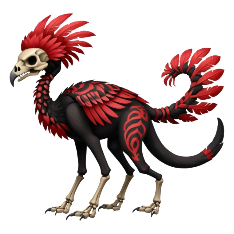 Rare realistic dark edgy evil tribal patterned red-feathered skeletal badass epic handsome gorgeous aesthetic black-skulled Vernid-Trico-species-Fakemon-creature by LiLaiRa, 4 legs, 1 tail, random markings, (full body) sticker