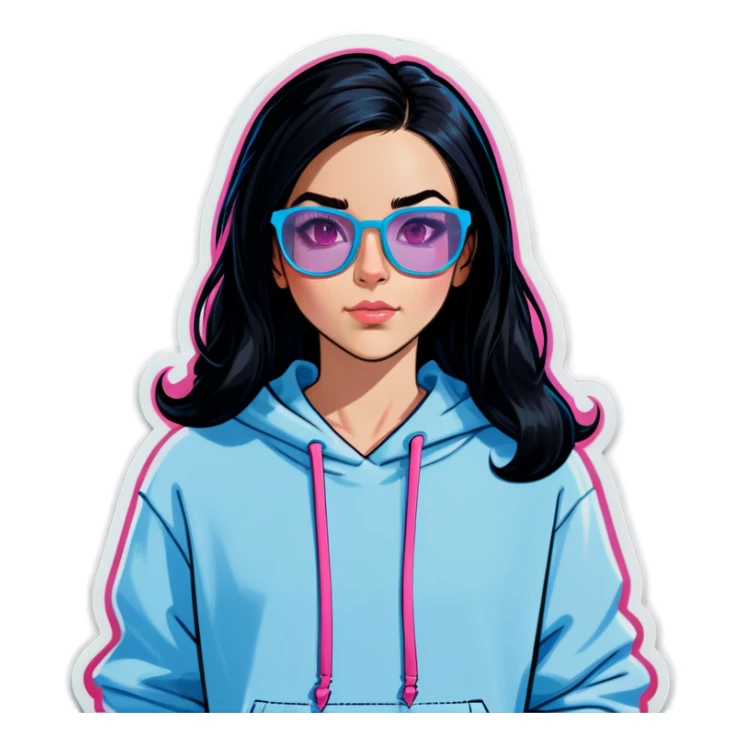 a white girlwith black hairdown with pink transparent glasses wearing a light blue hoodie sticker