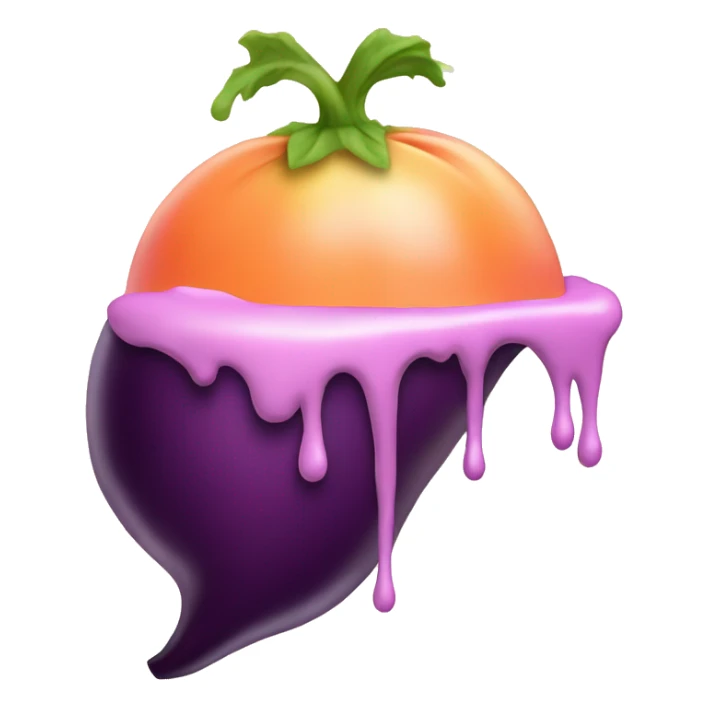 Eggplant dripping frosting, wedged in a peach sticker