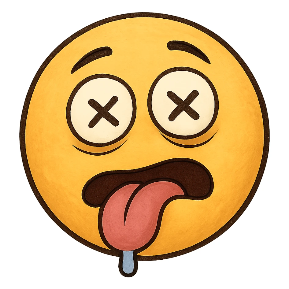yellow face with crossed eyes, tongue out, drooling, drunk expression, remove background sticker