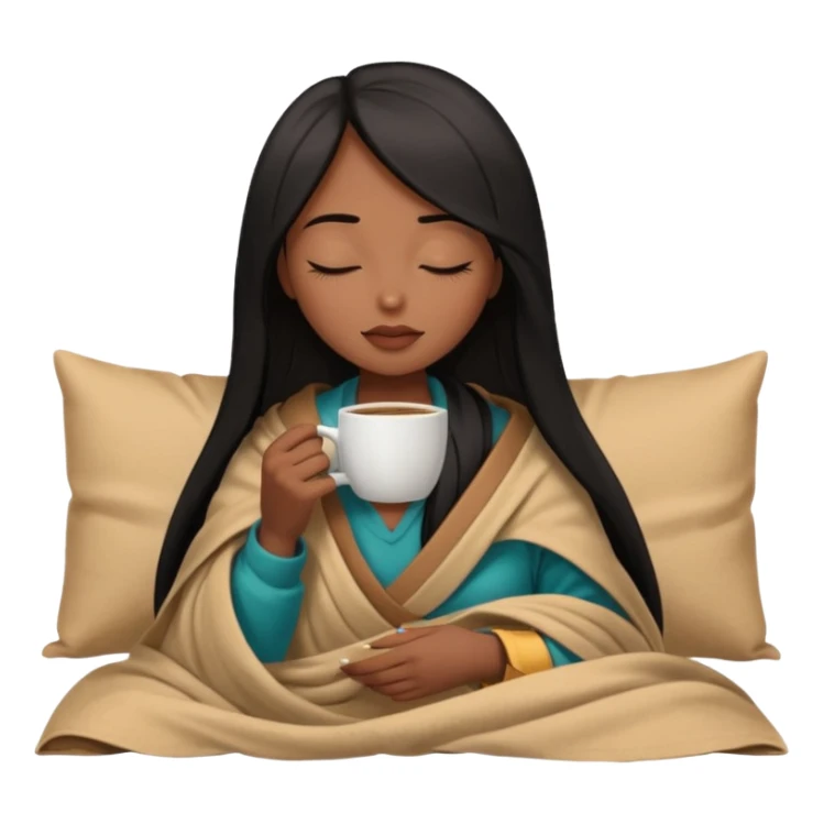 Chocolate brown girl with long straight jet black hair wrapped inside a tan blanket sipping coffee eyes closed sticker