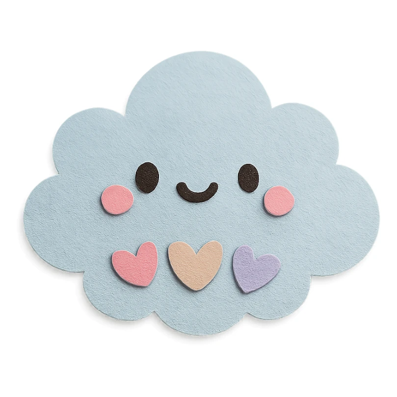 kawaii puffy cloud holding tiny pastel hearts, soft pastel colors, no limbs, full body, paper craft style sticker