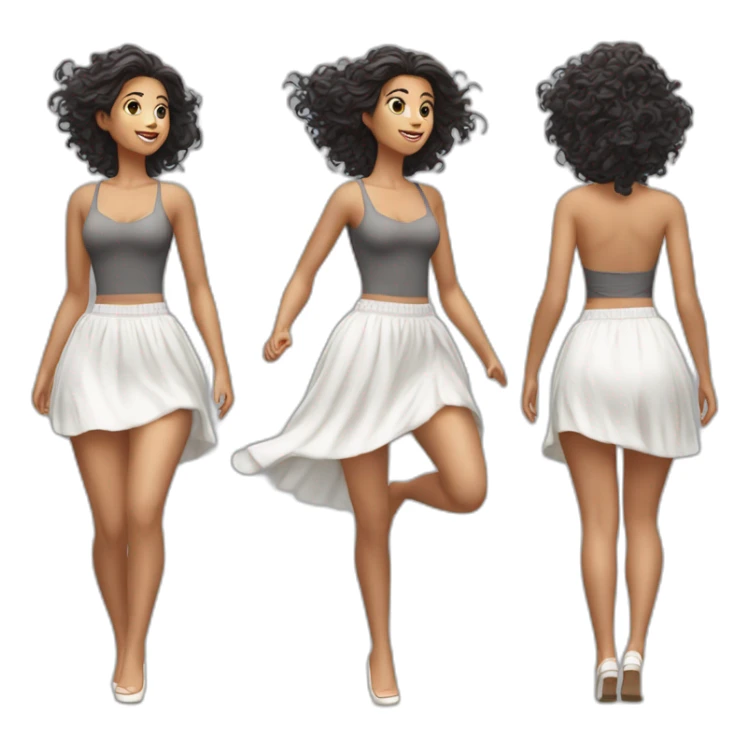 Hyperrealistic Full body Caucasian curvy beauty jumping white skirt back and front views strong wind sticker