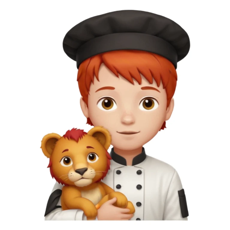 boy kid italian chef, red haired, uniform, holding plush lion sticker