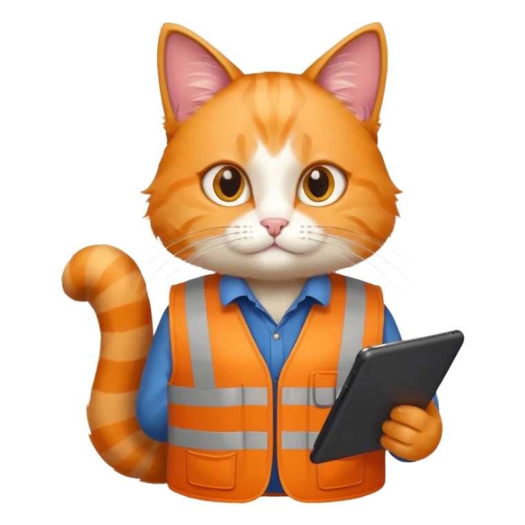 worker cat wearing orange west holding a tablet sticker