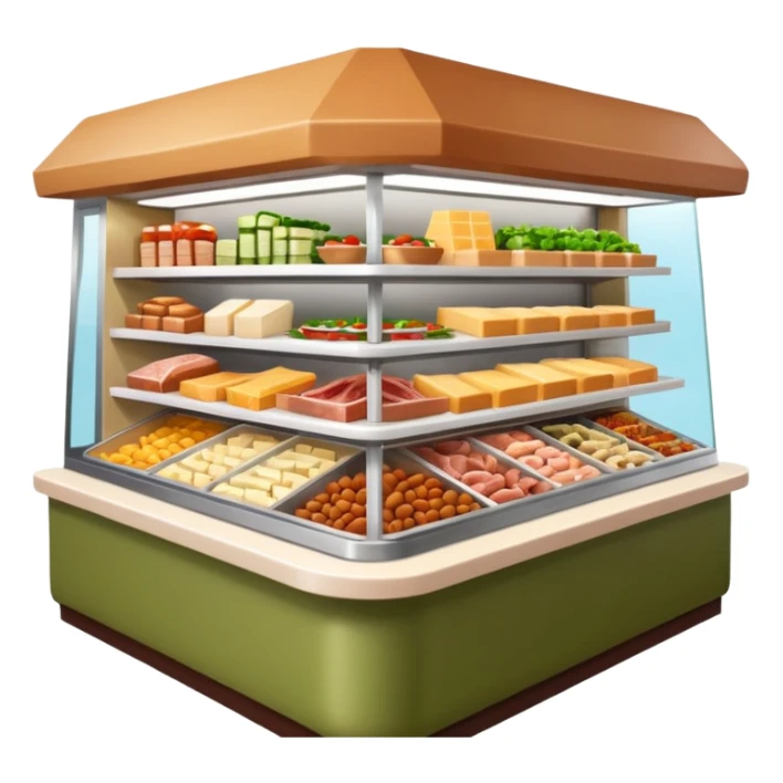 A 3D cartoon deli counter filled with meats, cheeses, and salads, bright lighting, Memoji-style realism. sticker