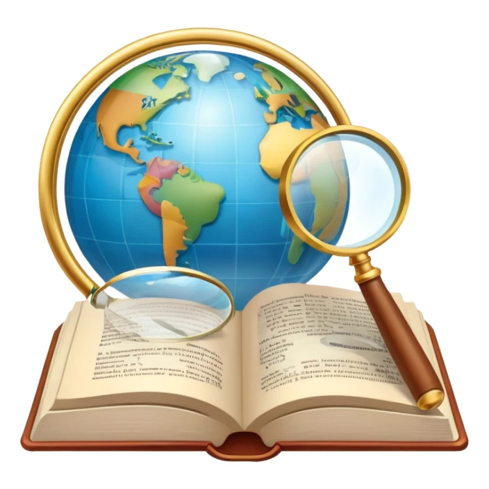 An icon featuring an open book, a speech bubble, and a magnifying glass, symbolizing philology and linguistics. The design includes language symbols, a globe, and alphabet letters, representing the study of languages and their structures. Transparent background  sticker