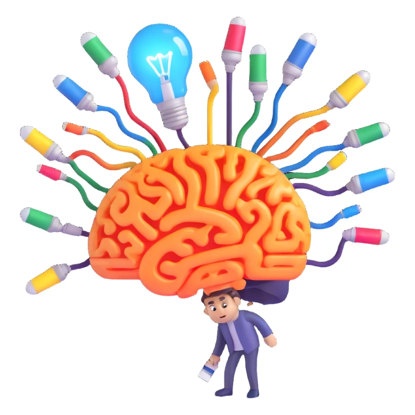 a person with a glowing brain, surrounded by floating lightbulbs, gears, and paintbrushes, symbolizing AI enabling creativity and innovation sticker