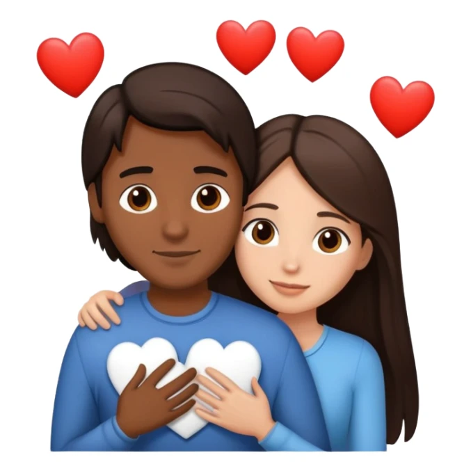 A couple hugging. The man has medium brown skin, dark brown slightly long straight hair. The woman has fair skin, long dark brown hair. White hearts around them. sticker