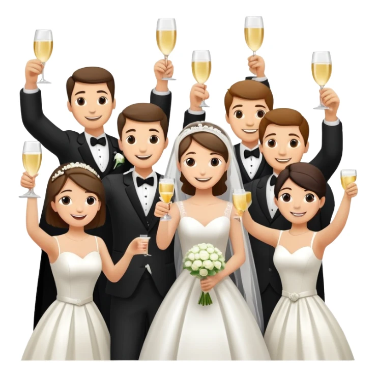 Wedding party raising joints for a celebratory toast, colorful wedding group with bride and groom at the center, cheerful cartoon style sticker