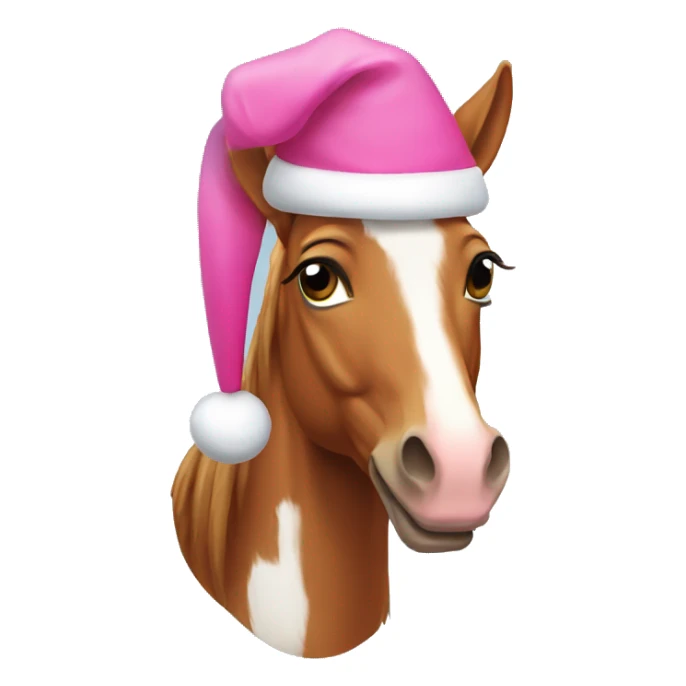 Chestnut horse wearing a pink christmas hat sticker