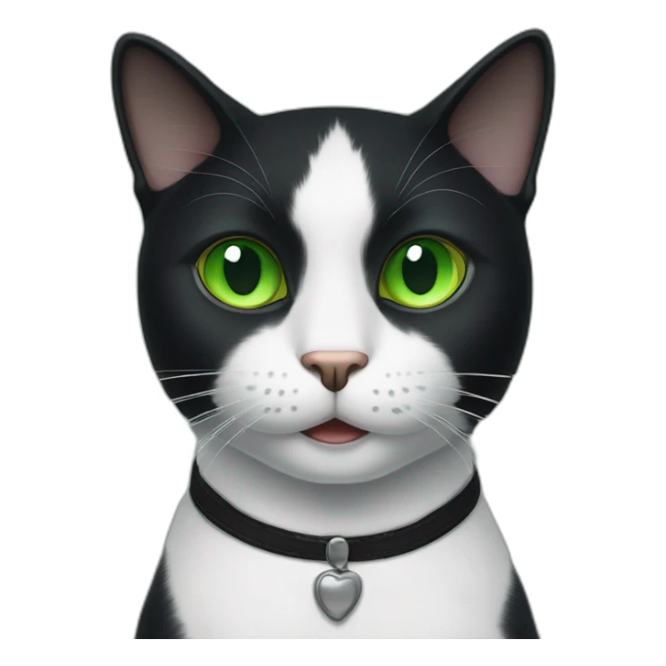 A black cat with green eyes with a white mustache, a white stripe on its nose, a full-length white breast and white paws sticker